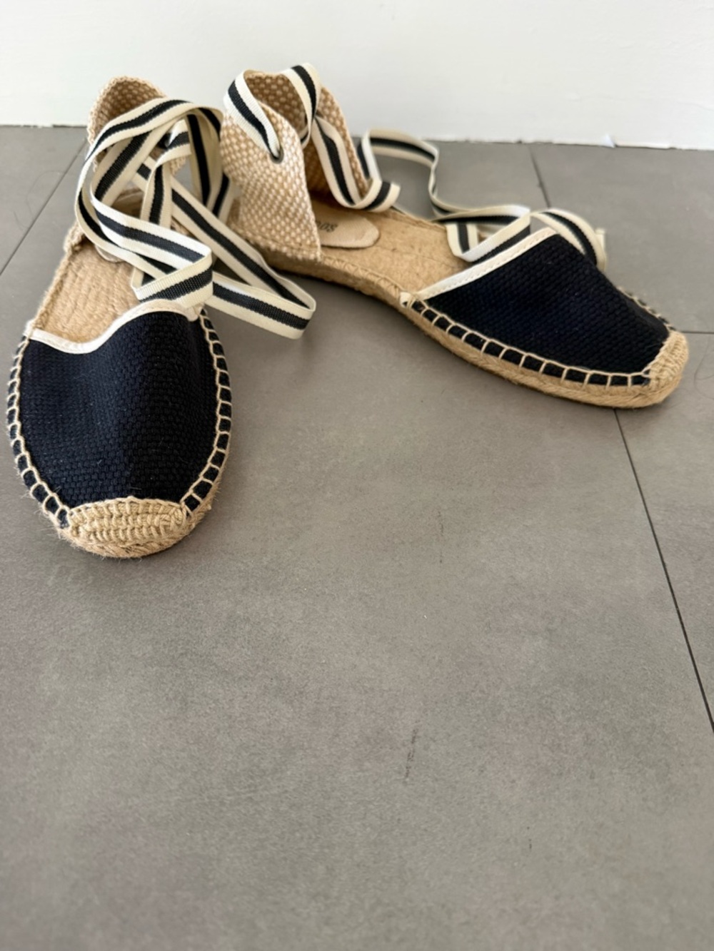 Soludos Black and Natural Espadrille Lace-Up Flats